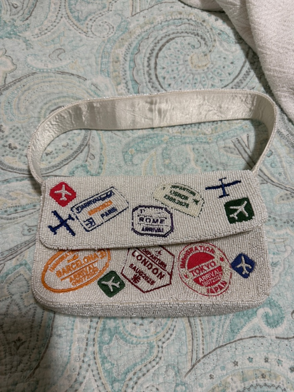 White Beaded Travel Passport Clutch with Airline Stamp Embroidery